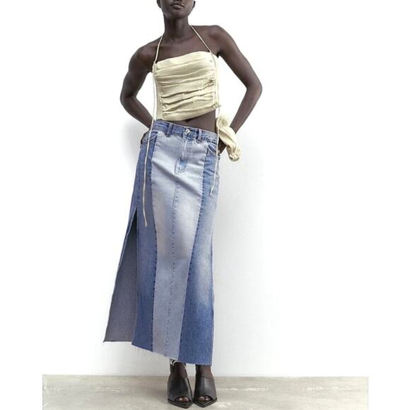 Zara Patchwork Denim Frayed Maxi Skirt Blue size small - Picture 1 of 12